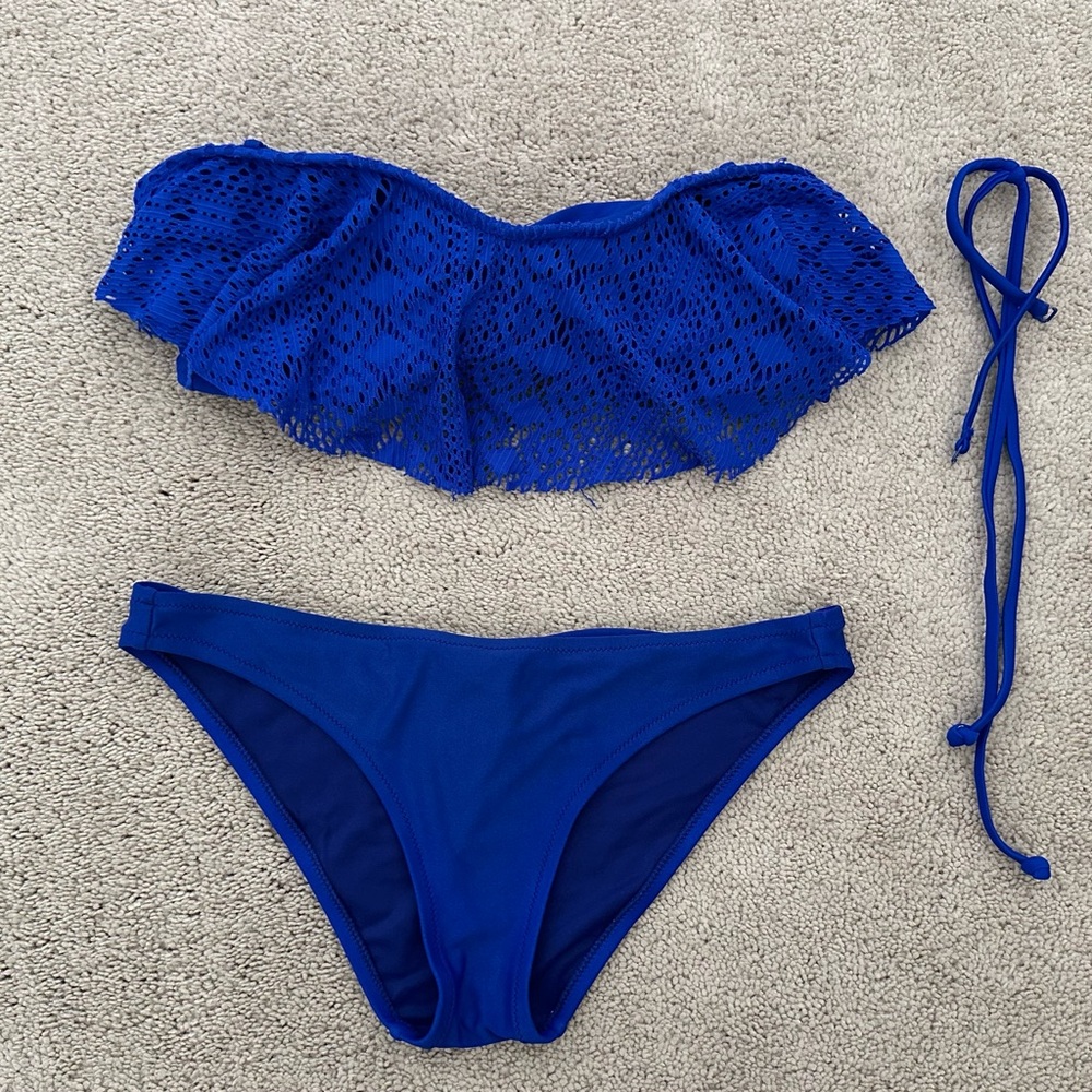 Cobalt Blue Crochet Ruffle Strapless Bandeau & Hipster Bottoms- Two Piece Bikini